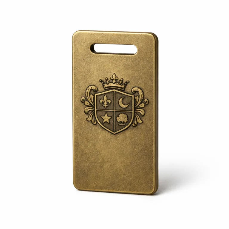 A bookmark tag crafted in antique brass with a unique sandblasted matte finish and thick, sturdy profile. The front includes a laser engraved emblem (no readable text), offering a vintage yet modern touch.