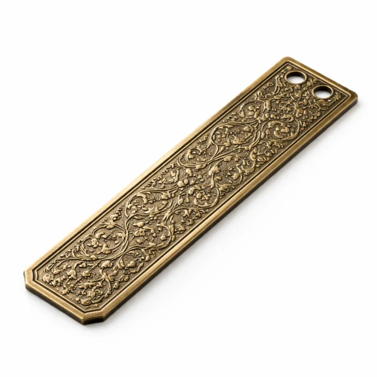 An e-commerce ready image of a rectangular bookmark tag in an antique brass finish. The tag is highlighted by its beveled edge and double punched holes at one end, lending a vintage look while maintaining manufacturing precision.