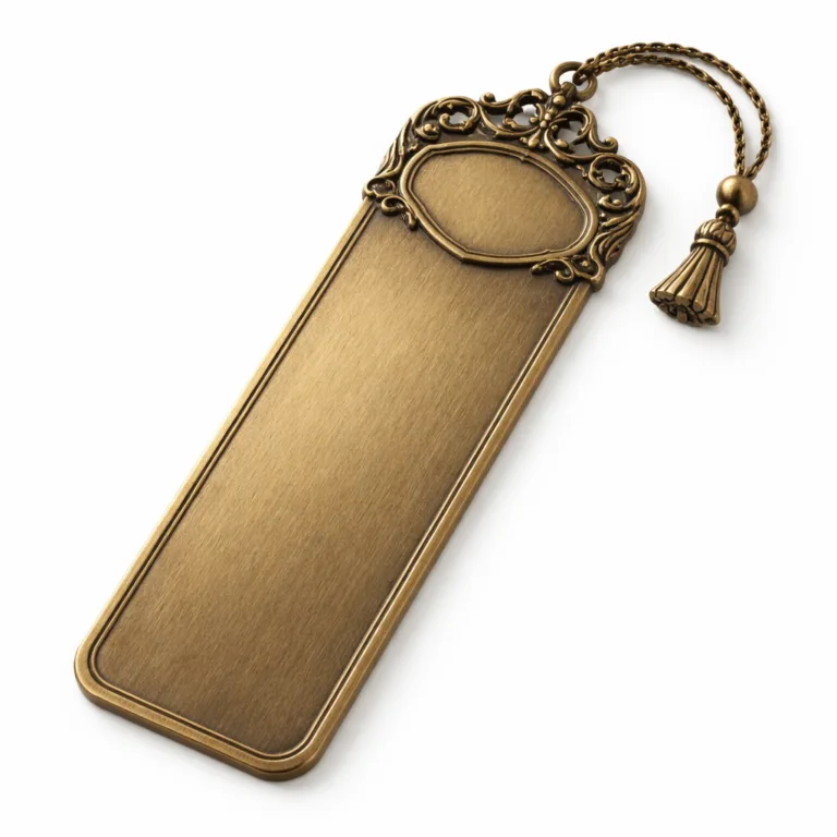 This bookmark tag presents a timeworn antique brass appearance with rounded corners for smooth handling. The surface displays a laser-engraved blank emblem, emphasizing craftsman detail and artisanal flair without using any actual letters or marks.