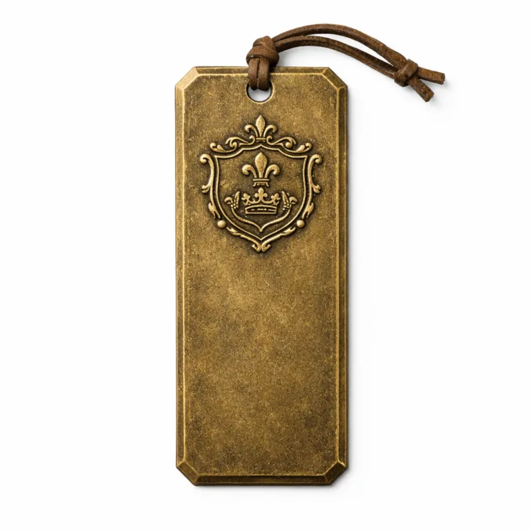 This variant is manufactured from antique brass, showcasing a stamped and embossed blank emblem shape for subtle branding. The chamfered edges add an extra touch of definition, while the aged finish gives this bookmark a distinguished, classic vibe.