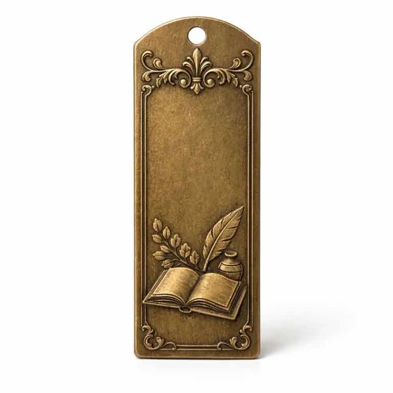 UC Tag bookmark tag in antique brass finish, featuring a classic debossed design and a single hole at the top for optional hanging or ribbon attachment.