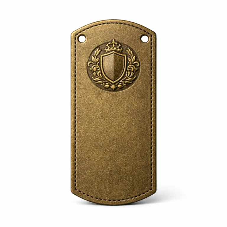 Elegant bookmark tag in antique brass, featuring a debossed emblem logo and dual sewing holes for easy attachment. The sandblasted matte surface ensures a classic, non-reflective appearance.