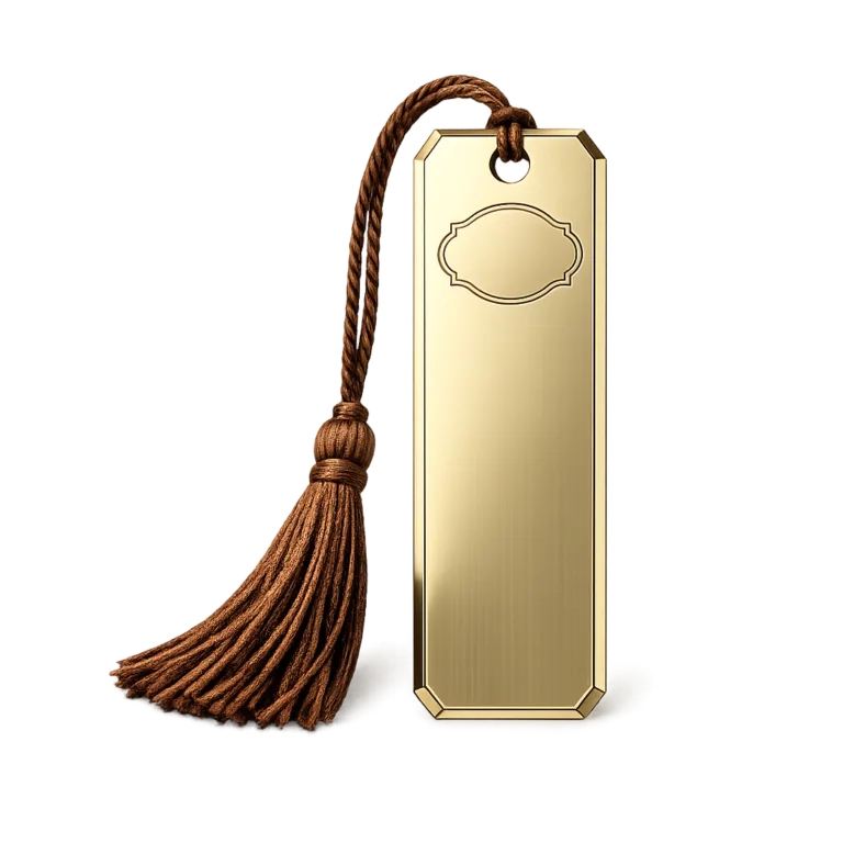 Antique brass bookmark tag featuring a mirror polished finish, chamfered edge, and an elegantly etched blank emblem on the front. Combines traditional appeal with refined craftsmanship.