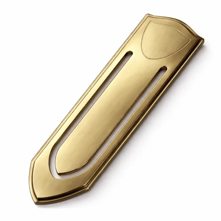 A classic bookmark tag in antique brass, with mirror polished finish and elegant chamfered edges. The front displays a faintly etched blank emblem for decorative distinction.