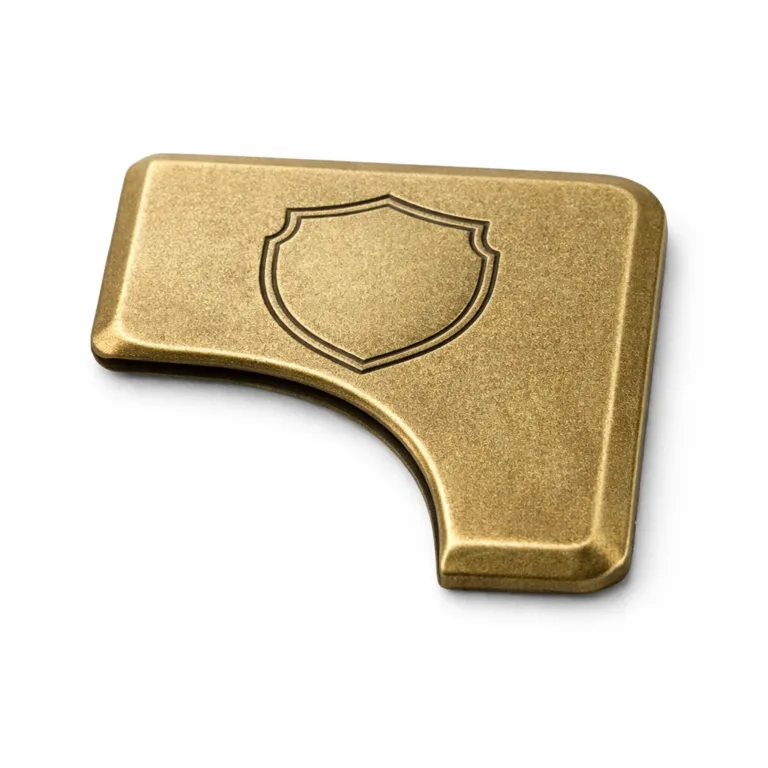 Antique brass bookmark tag with a sandblasted matte surface and chamfered edge. The front shows a finely etched blank emblem, blending vintage style with modern detail.