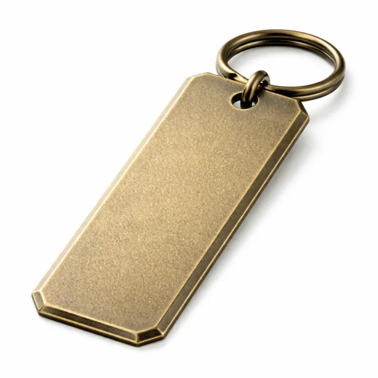A detailed product photo of a rectangular metal bookmark tag crafted in sandblasted antique brass, featuring a subdued matte texture, chamfered edge, and classic vintage appearance. Includes a punched hole and split ring.