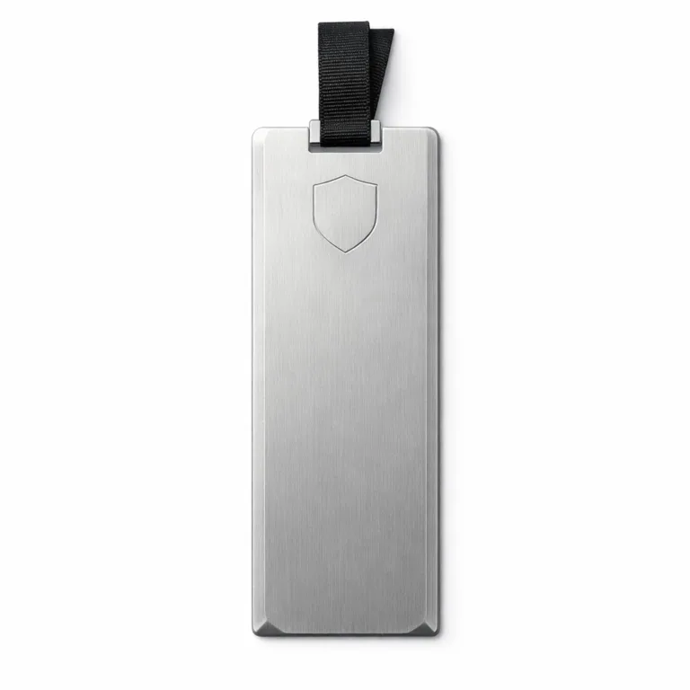 A modern bookmark tag crafted from brushed stainless steel, featuring a matte surface, beveled edges for a refined look, and a subtle blank emblem created with laser engraving. Ideal for stylish and durable use.