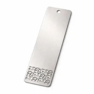Bookmark Tags 6 A high-clarity product photo of a stamped bookmark tag made from brushed stainless steel, designed with rounded corners and a single punched hole at one end. The surface showcases a subtle linear brushed texture, ideal for modern and minimalist appeal.