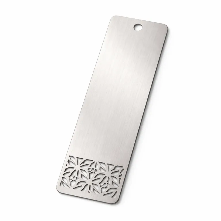 A high-clarity product photo of a stamped bookmark tag made from brushed stainless steel, designed with rounded corners and a single punched hole at one end. The surface showcases a subtle linear brushed texture, ideal for modern and minimalist appeal.