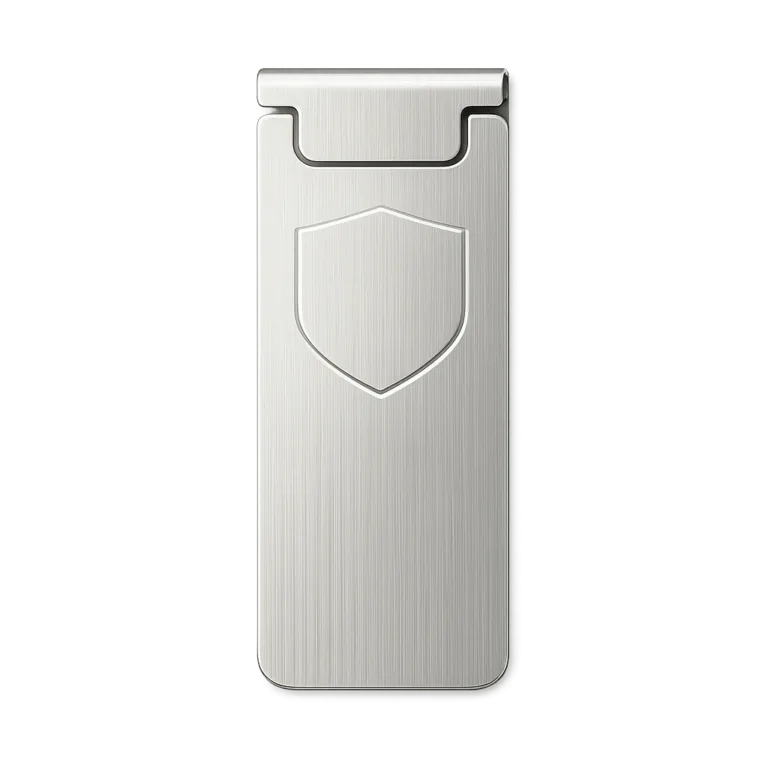 A brushed stainless steel bookmark tag with rounded corners and a subtle embossed emblem shape for sophisticated appearance. Designed for durability and elegance, suitable for engraving and stamping processes.