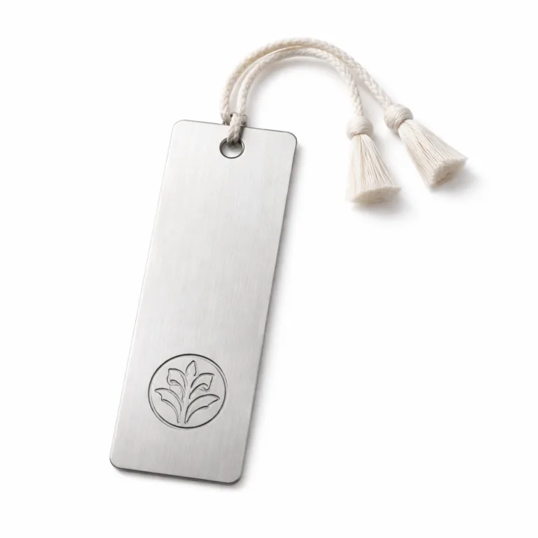 Premium bookmark tag crafted from brushed stainless steel, featuring a recessed emblem logo and gently rounded corners. Ideal for marking book pages, the brushed finish highlights the metal's texture for a modern look.