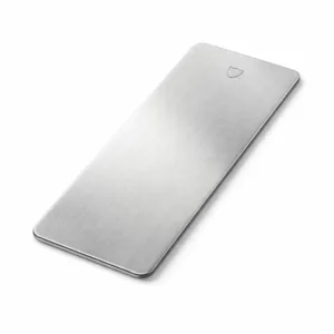 A minimalist bookmark tag crafted from brushed stainless steel, featuring a rectangular form with rounded corners and a subtle, non-readable emblem detail produced via laser engraving. Ideal for professional and modern settings.