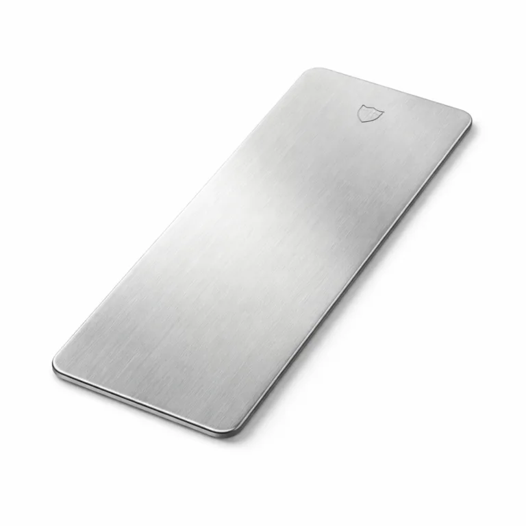 A minimalist bookmark tag crafted from brushed stainless steel, featuring a rectangular form with rounded corners and a subtle, non-readable emblem detail produced via laser engraving. Ideal for professional and modern settings.