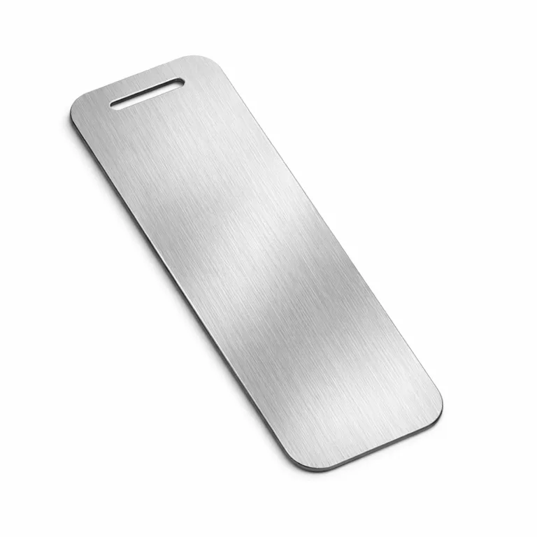 UC Tag brushed stainless steel bookmark tag featuring a refined engraved surface and rounded corners for a modern look, suited for books and high-end stationery.
