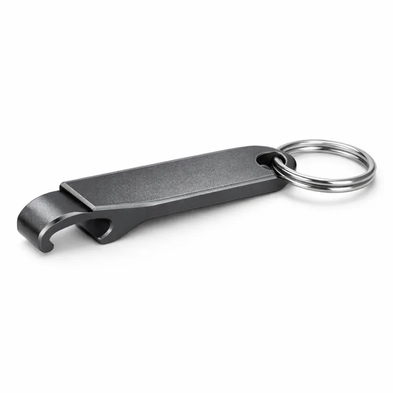 A single anodized aluminum bottle opener keychain tag with a matte finish, beveled edges, and an etched blank surface, photographed in a commercial studio setup on a white background.