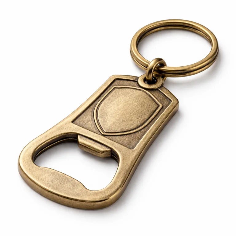 A single bottle opener keychain tag in antique brass with a sandblasted matte texture, thicker profile, and blank debossed emblem, showcased in crisp studio lighting on a white backdrop.