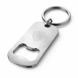 A single stainless steel bottle opener keychain tag featuring a brushed finish and rounded corners, with a blank laser engraved emblem, displayed in high-clarity studio lighting against a white background.