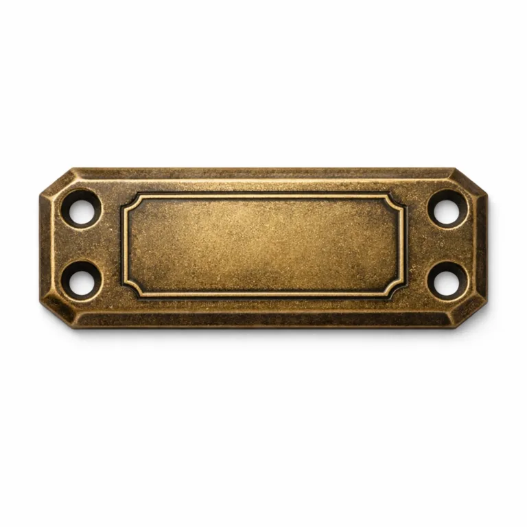 An antique brass finished bracelet tag plate featuring a thicker profile and chamfered edges, with double holes for sewing or riveting. The front displays an embossed blank emblem, adding a touch of classic character to bracelets.