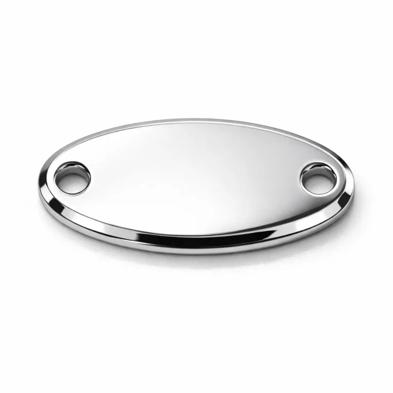 An anodized aluminum bracelet tag showcasing a mirror polished finish, refined beveled edges, and double sewing holes for easy attachment. Sleek and suitable for fashion bracelets.