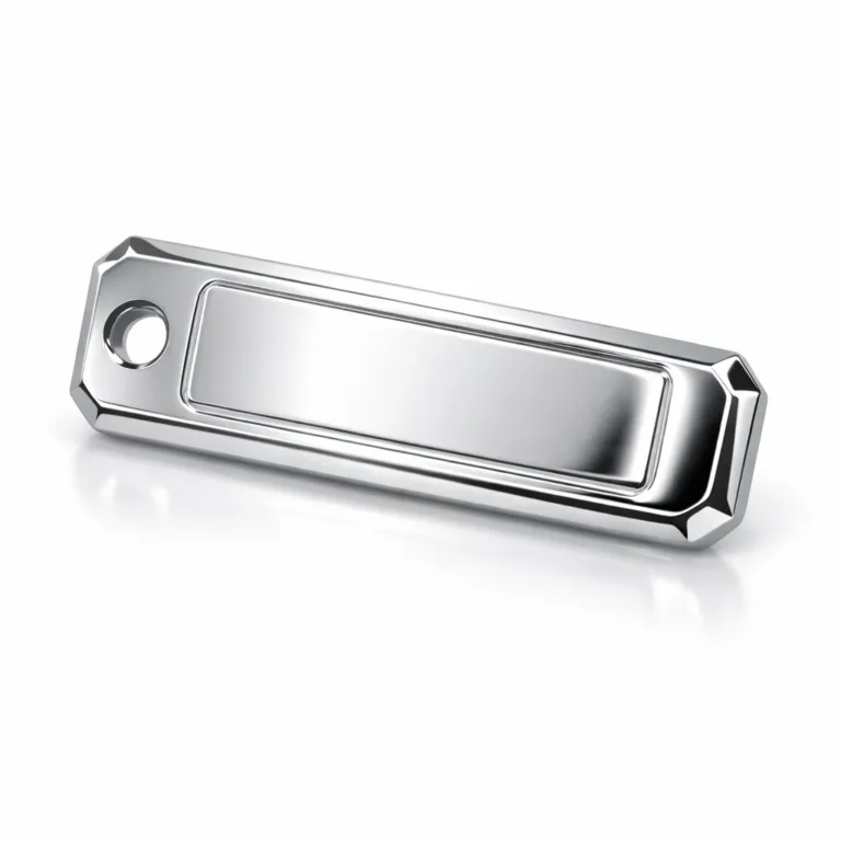 A visually striking bracelet tag manufactured from anodized aluminum with a bright mirror polished finish, beveled edge, single hole for bracelet attachment, and raised embossed features on the face. Photographed in sharp focus on a white background, perfect for showcasing the brilliance and modern edge.