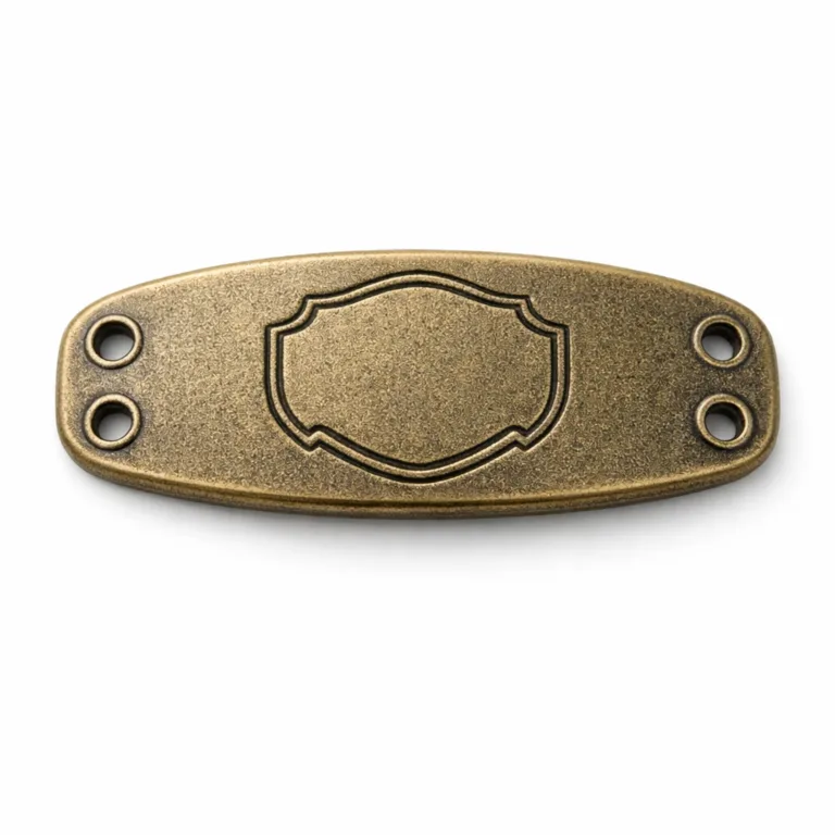 A bracelet tag crafted in antique brass, featuring a sandblasted matte texture and etched blank emblem. This variant displays double sewing holes, photographed in a commercial studio setting with sharp details.