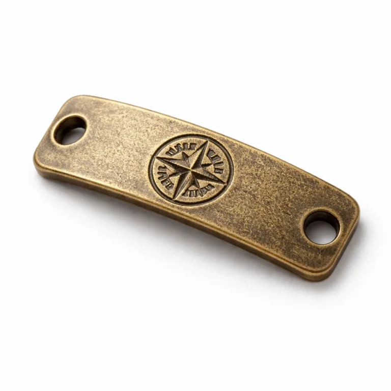 Stamped bracelet tag in antique brass plating, sandblasted to a matte texture with debossed emblem detail and double holes for secure attachment.