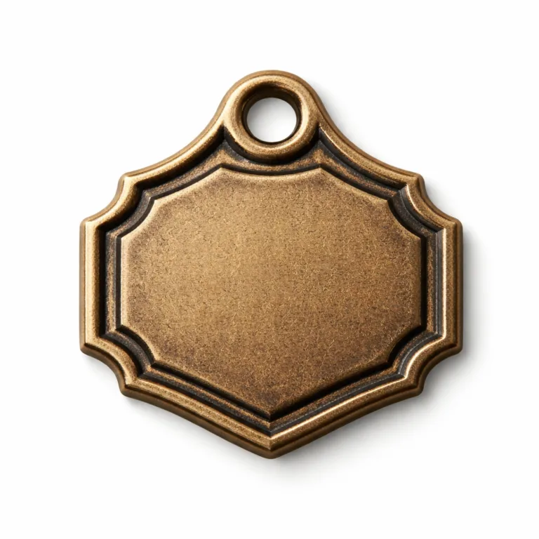 A die-cast bracelet charm tag with antique brass finish, an embossed blank emblem, distinctive chamfered edges, and a single hole for versatile attachment.