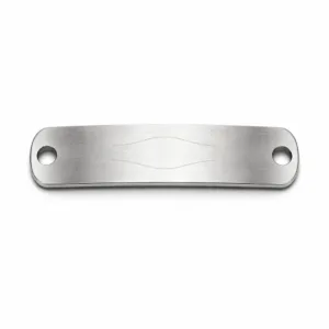 A metal bracelet tag crafted from brushed stainless steel, featuring a rectangular form with rounded corners, double holes for secure attachment, and a subtle emblem engraving. Ideal for premium custom bracelet identification.