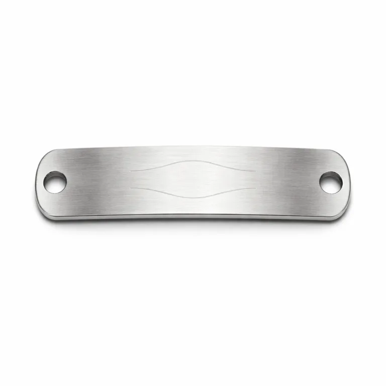 A metal bracelet tag crafted from brushed stainless steel, featuring a rectangular form with rounded corners, double holes for secure attachment, and a subtle emblem engraving. Ideal for premium custom bracelet identification.