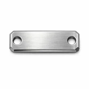 A stainless steel bracelet tag with a brushed finish, beveled edge, and double holes for attachment. Features a clean, high-detail surface suitable for engraving.