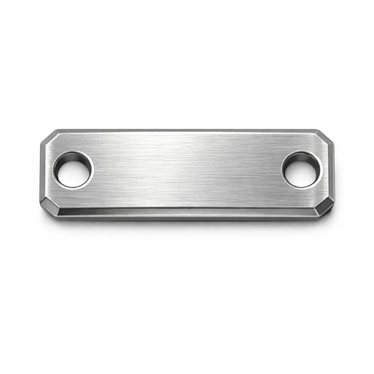 A stainless steel bracelet tag with a brushed finish, beveled edge, and double holes for attachment. Features a clean, high-detail surface suitable for engraving.