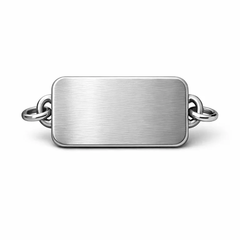 A die-cast bracelet charm tag featuring a brushed stainless steel appearance, laser engraved blank emblem, and rounded corners. Perfect for jewelry customization and identification.