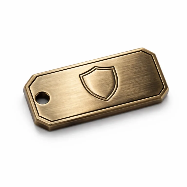 A single-hole garment tag in antique brass finish with a mirror-polished beveled edge. The front has a debossed emblem area for custom logos, giving a premium vintage look suitable for apparel branding.