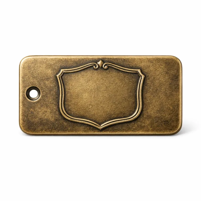 A vintage-style bag tag plate in antique brass, featuring a subtly embossed blank emblem on the front, rounded corners for a classic look, and a single hole for screw mounting.