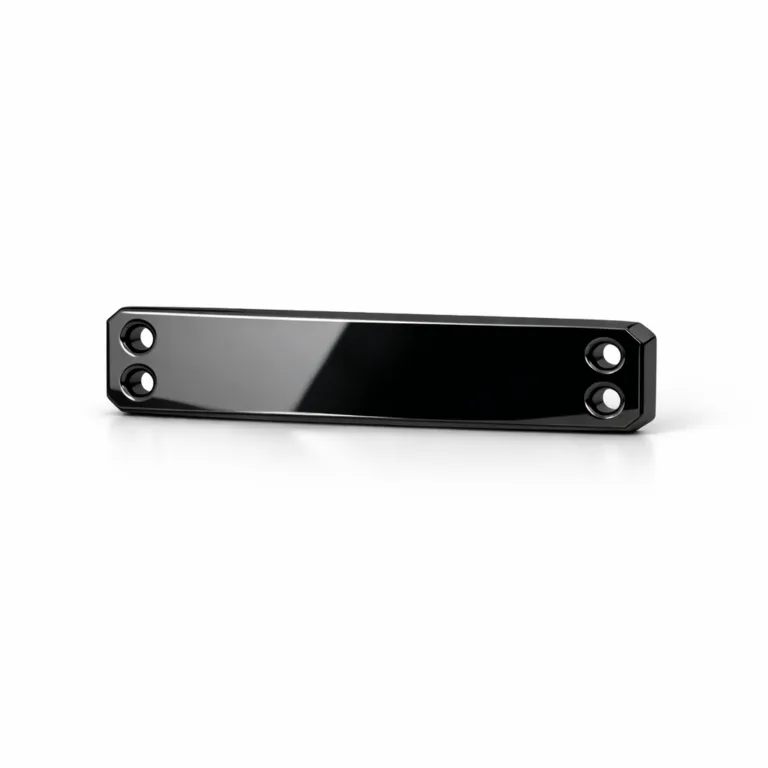 A studio photo of a bracelet tag plate in matte black nickel plating, featuring a mirror polished face, chamfered edge detail, and two sewing holes at the ends. Perfect for modern bracelet customization with a sleek and refined look.