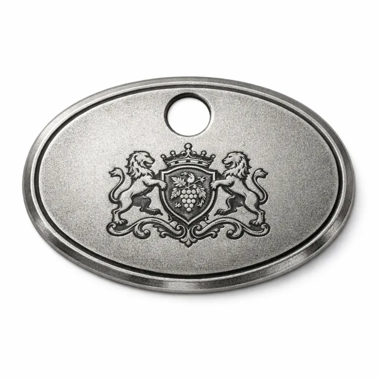 A vintage-inspired wine tag made from zinc alloy with antique silver plating and a sandblasted matte surface. Features a chamfered edge, etched blank emblem, and a single large hole designed for hanging.