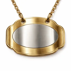 A modern wine tag crafted from brushed stainless steel with a mirror polished surface and elegantly rounded corners. Features a blank central emblem and a single hanging hole, ideal for labeling wine bottles stylishly.