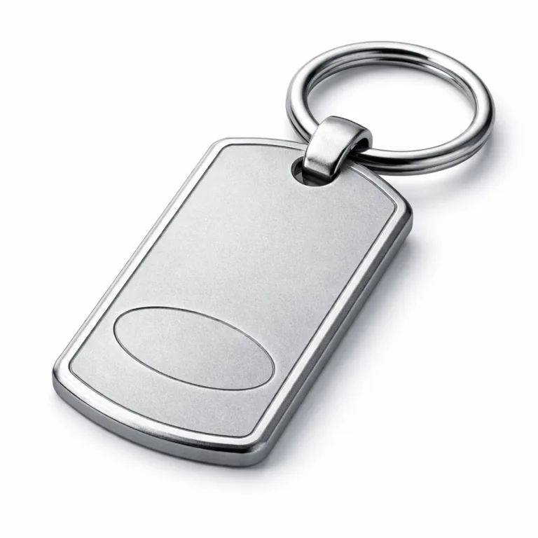 A car dealer key tag crafted from durable anodized aluminum, finished with a matte sandblasted texture and enhanced by a beveled edge. Features a split ring for easy attachment and a debossed emblem area, perfect for commercial branding.