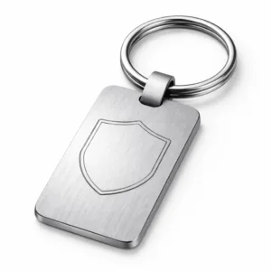 A car dealer key tag manufactured from brushed stainless steel, featuring a rectangular profile with rounded corners and a single split ring attachment. The surface has a subtle brushed texture and a blank laser engraved emblem area, suitable for etching custom marks.