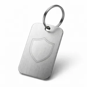 A realistic product image of a classic metal luggage tag crafted from brushed stainless steel, featuring smooth rounded corners and a subtle laser-engraved blank emblem shape. The tag includes a single hole with a split ring for easy attachment.
