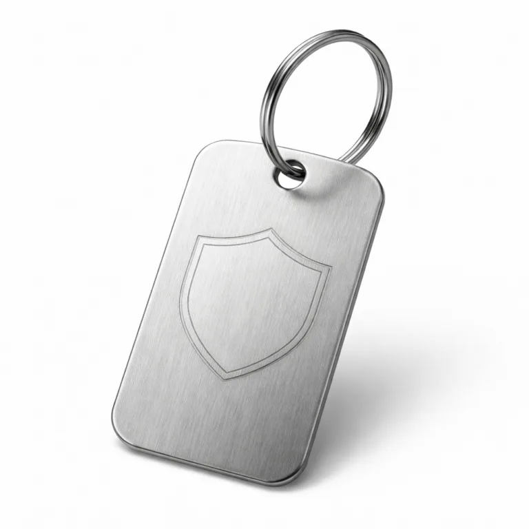 A realistic product image of a classic metal luggage tag crafted from brushed stainless steel, featuring smooth rounded corners and a subtle laser-engraved blank emblem shape. The tag includes a single hole with a split ring for easy attachment.