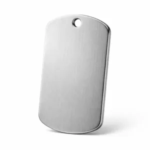 Classic military dog tag made from brushed stainless steel, featuring a single hole and rounded corners, photographed on a white background for a clean and professional presentation.