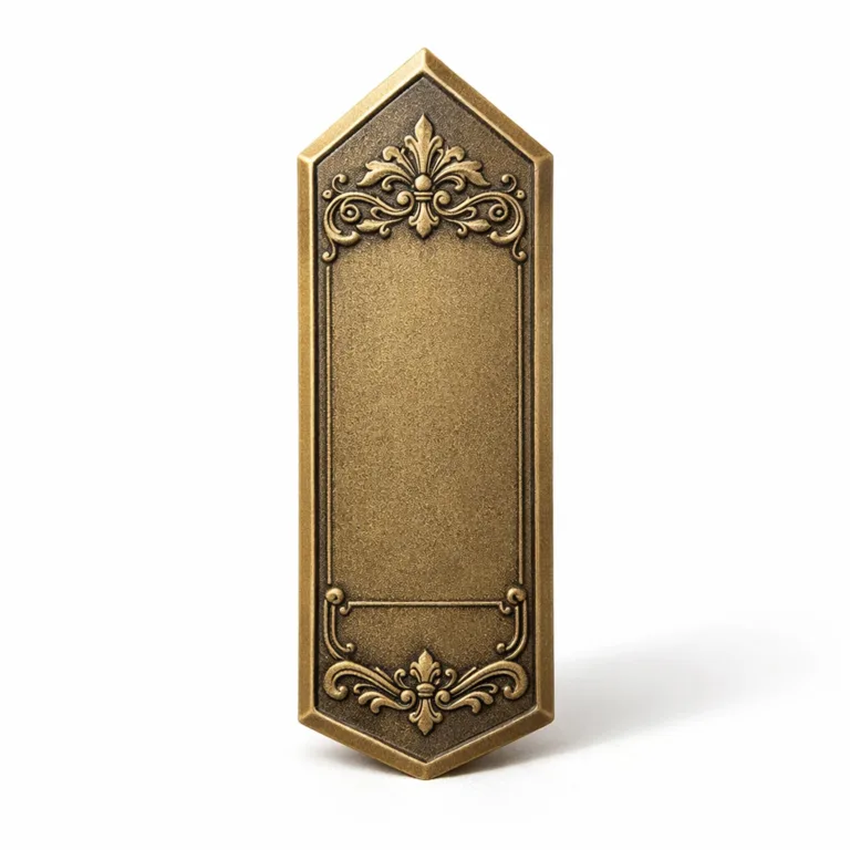 Bookmark tag with an antique brass finish, featuring a sandblasted matte surface, beveled edge, and a subtle debossed design. Ideal for those who prefer a vintage collector appearance with modern manufacturability.