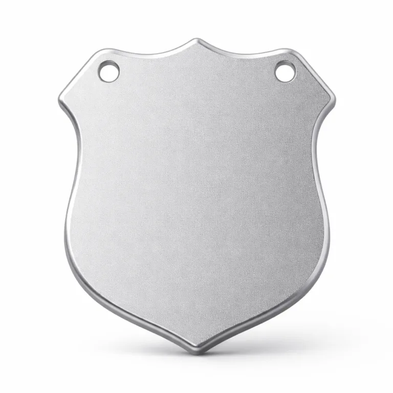 Custom Crest Dog Tag in lightweight anodized aluminum, showcasing a brushed surface with sandblasted matte texture and dual attachment holes for added versatility. Subtle blank crest detail enhances personalization options.