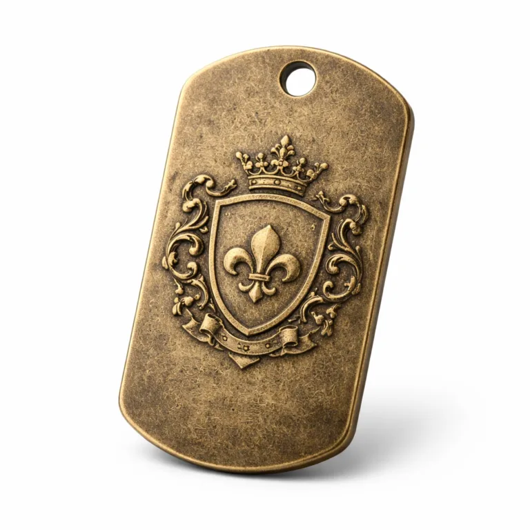 Custom Crest Dog Tag featuring an antique brass plated finish, debossed crest emblem for a premium tactile feel, rounded corners, and a single hole for chain or ring attachment.