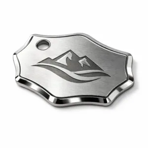 A modern metal logo tag manufactured from brushed stainless steel, showcasing a shiny nickel finish and clean beveled edge. The surface features high-precision, subtle laser engraving, highlighting the emblem shape. Perfect for branding applications and visible identity.