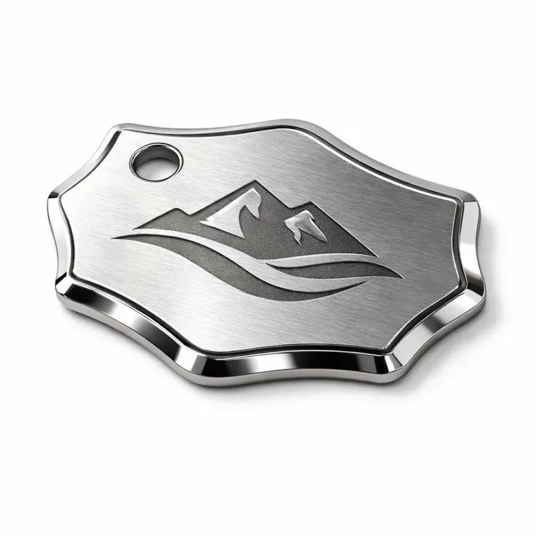 A modern metal logo tag manufactured from brushed stainless steel, showcasing a shiny nickel finish and clean beveled edge. The surface features high-precision, subtle laser engraving, highlighting the emblem shape. Perfect for branding applications and visible identity.