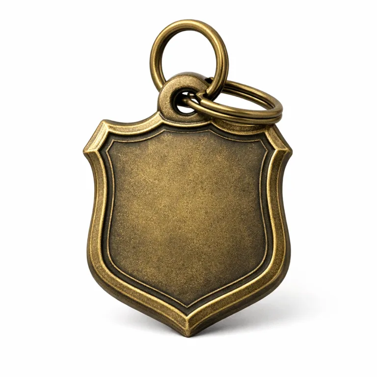 An elegant bag tag made from zinc alloy with antique brass plating, showcasing a stylish debossed emblem area and chamfered edges for added dimension. The vintage look suits premium or classic accessories.