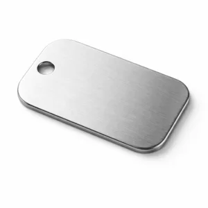 A custom-shaped bag tag manufactured from brushed stainless steel, featuring a smooth rounded edge and a single hole for simple attachment. The brushed surface adds a modern industrial look, ideal for travel or business bags.
