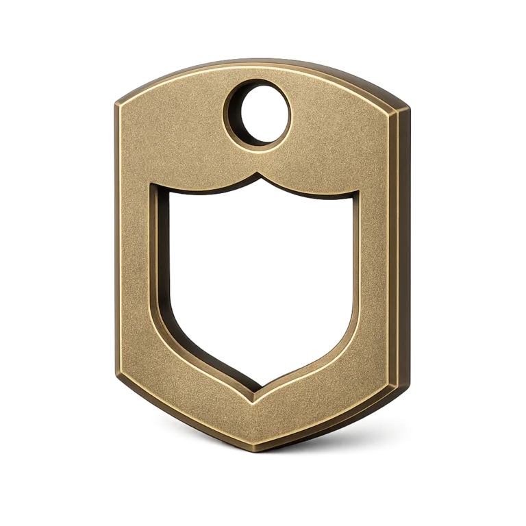 A robust antique brass bag tag showcasing a sandblasted matte surface, chamfered edge for a premium look, thicker profile, single large hole for attachment, and a blank cut-out emblem ready for custom branding.